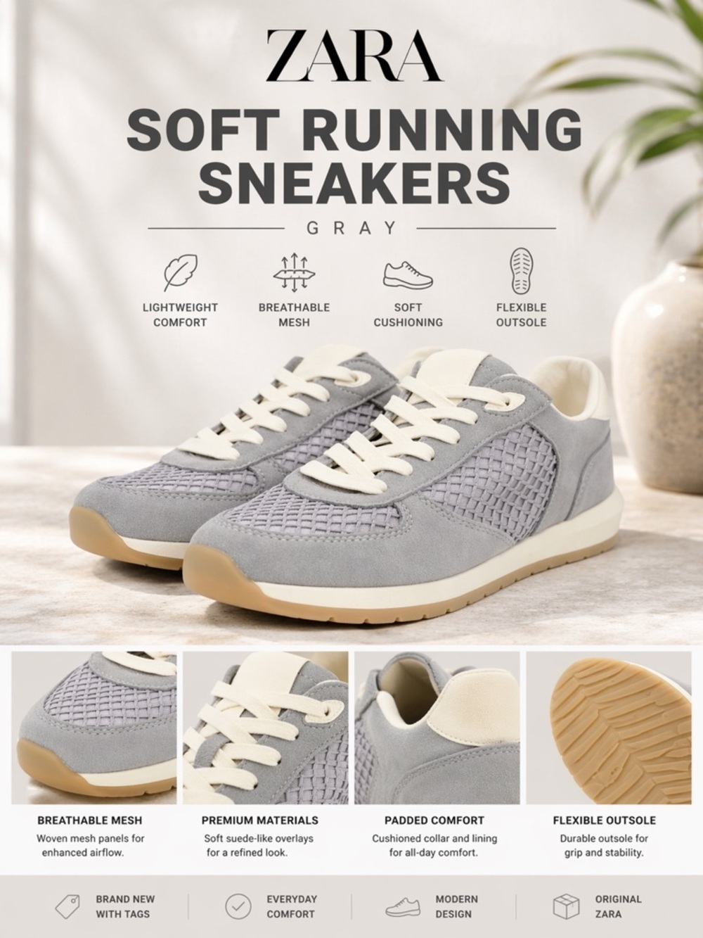 ZARA Gray Running Sneakers NWT Women’s Size 9 Mesh Suede Lace Up Shoes